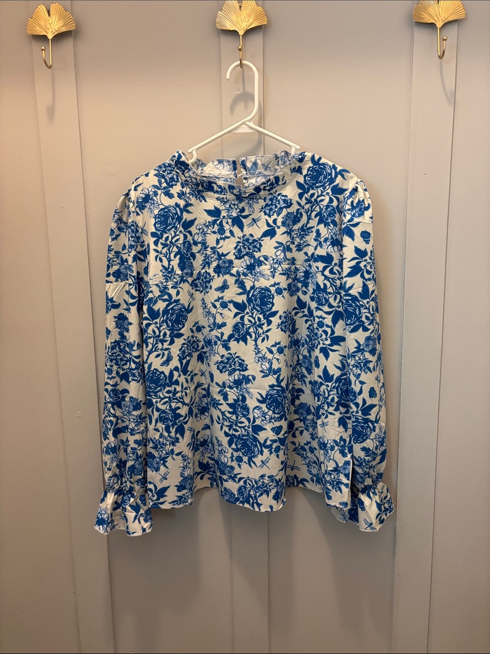 Blue & White Floral Ruffle Neck Blouse